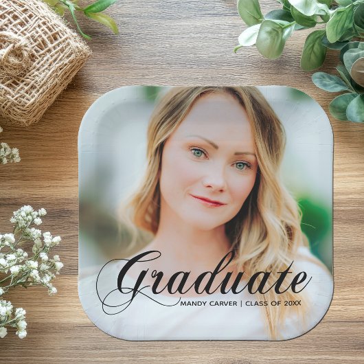 Elegantes Graduate Foto Black Script Overlay Party Pappteller