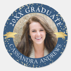 Elegantes Graduate Foto Blue Gold Cap Runder Aufkleber