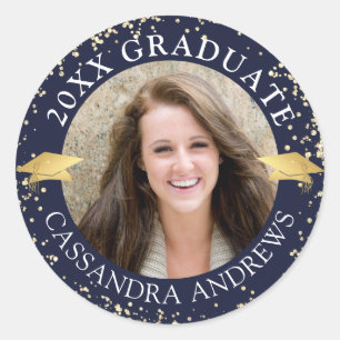 Elegantes Graduate Foto Navy Blue Gold Cap Runder Aufkleber