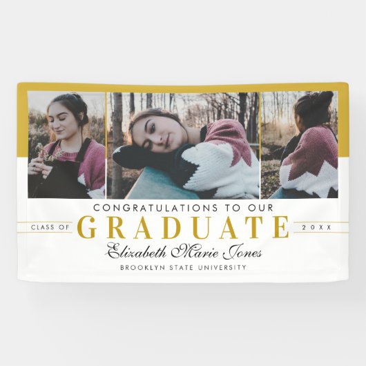 Elegantes Graduate White Gold Abschluss 3 Foto Banner (Horizontal)
