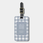Elegantes grau-blaues Gingham-Monogramm Gepäckanhänger (Vorderseite vertikal)