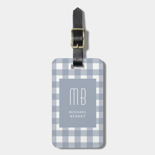 Elegantes grau-blaues Gingham-Monogramm Gepäckanhänger (Vorderseite vertikal)