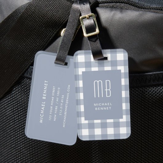Elegantes grau-blaues Gingham-Monogramm Gepäckanhänger