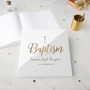 Elegantes Grau Gold Kreuz Baby Taufgeschenk Gästebuch