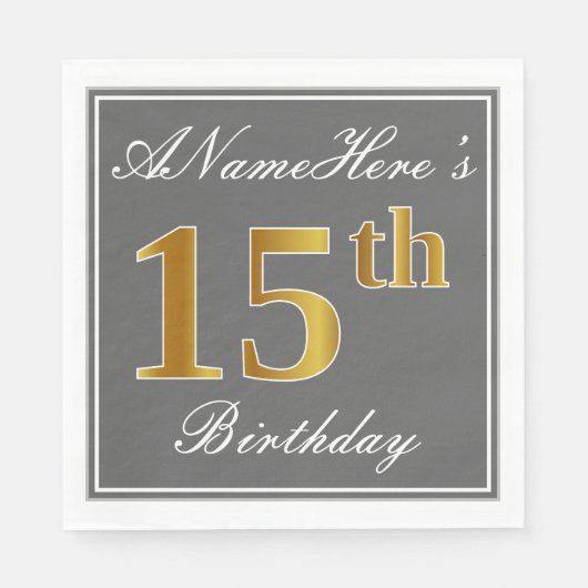 Elegantes Grau, Imitate Gold 15. Geburtstag; Indiv Serviette (Vorderseite)