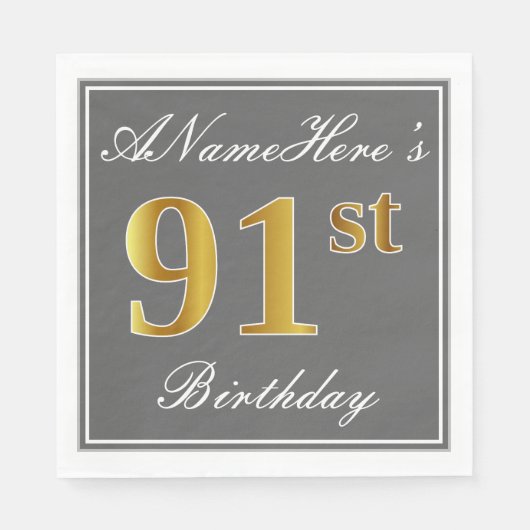 Elegantes Grau, Imitate Gold 91. Geburtstag; Indiv Serviette (Vorderseite)