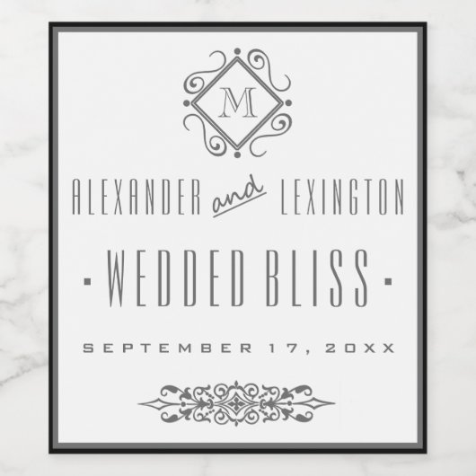Elegantes, grau Mit Monogramm Hochzeitsweinlabel Weinetikett (Einzelnes Label)