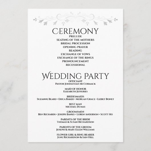 Elegantes Grau mit Silver Blüh Wedding Programm (Rückseite)