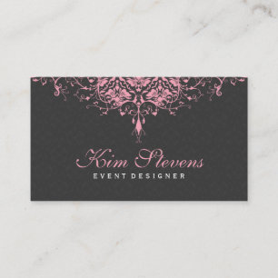 Elegantes Grau & Rosa Vintage-Blumendamasken 2b Visitenkarte