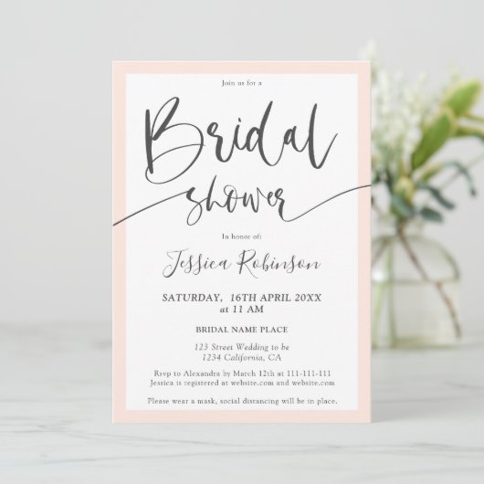 Elegantes, grau-schwarz-rosa-Script-Brautparty Einladung (Stehend Vorderseite)