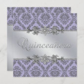 Elegantes Grau und Lila Damask Quinceanera Einladung (Vorne/Hinten)