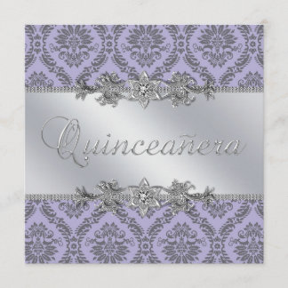 Elegantes Grau und Lila Damask Quinceanera Einladung