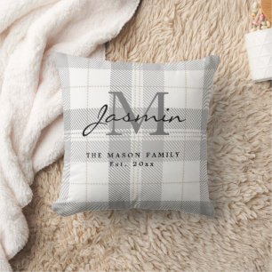 Elegantes grau-weißes Tartan-Karo-Familienmonogram Kissen