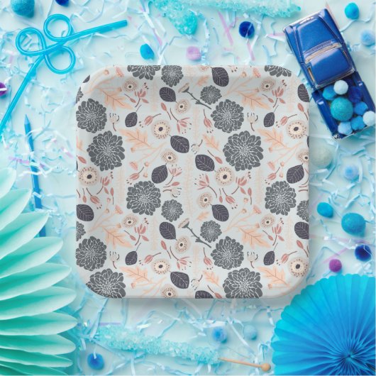 Elegantes graues blaues Pfirsichblumenmuster Pappteller (Party)