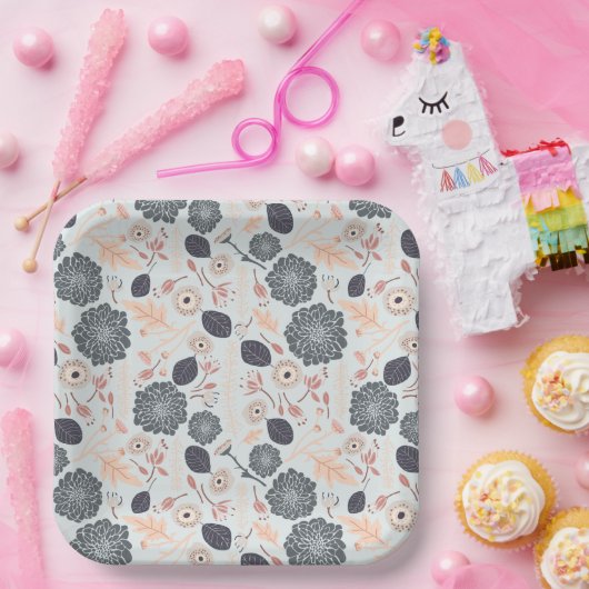 Elegantes graues blaues Pfirsichblumenmuster Pappteller (Party)