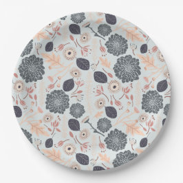 Elegantes graues blaues Pfirsichblumenmuster Pappteller