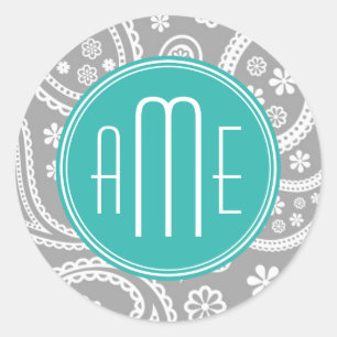 Elegantes graues florales Paisley-Muster und blaue Runder Aufkleber