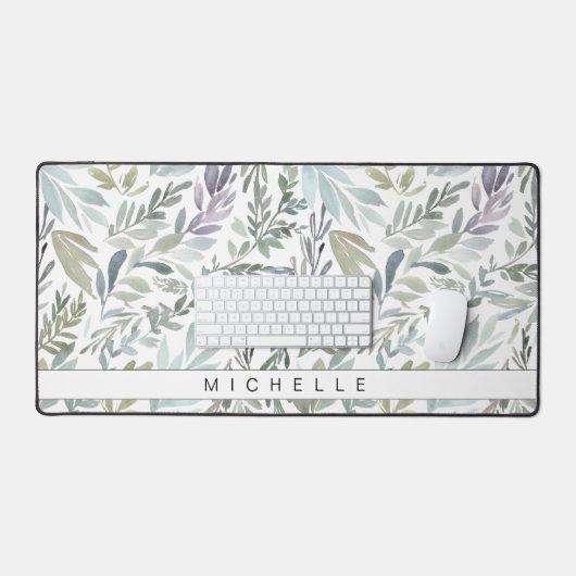 Elegantes graues hellgrünes Blätter Wasserfarbe Schreibtischunterlage (Tastatur & Maus)