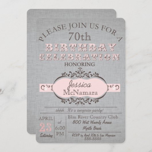 Elegantes graues Leinen und rosa Einladung (Vorne/Hinten)