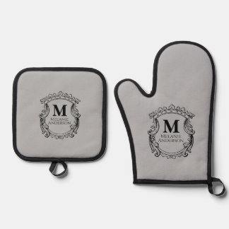 Elegantes graues Monogrammwappen  Ofenhandschuh & Topflappen-Set