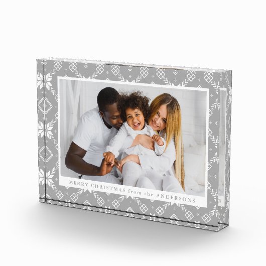 Elegantes Graues Nordic Snowflake Muster Weihnacht Fotoblock (Rechts)