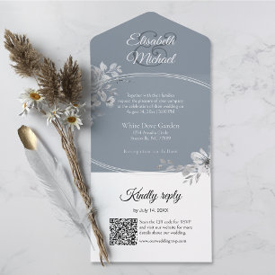 Elegantes graues QR-Code-Monogramm-Hochzeits-RSVP All In One Einladung