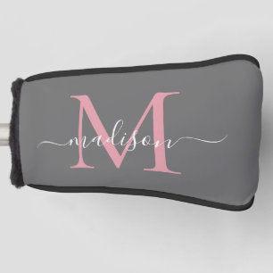 Elegantes graues Rosa Monogramm Feminine Script Golf Headcover