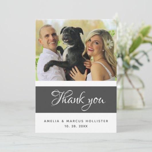 Elegantes Graues Script 2 Foto Hochzeit Dankeskarte (Stehend Vorderseite)