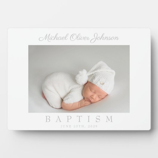 Elegantes graues Script-Taufe-Foto Fotoplatte (Vorderseite)