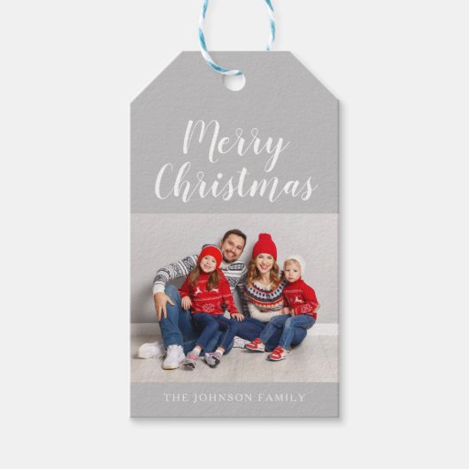 Elegantes graues Script Weihnachts-Foto Geschenkanhänger (Vorderseite)