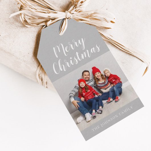 Elegantes graues Script Weihnachts-Foto Geschenkanhänger