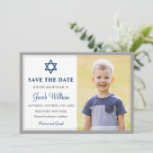 Elegantes Graues und Navy Blue Bar Mitzvah Foto Save The Date (Stehend Vorderseite)