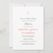 Elegantes graues und rot-rosa Kreuz-Taufe Einladung (Vorderseite)