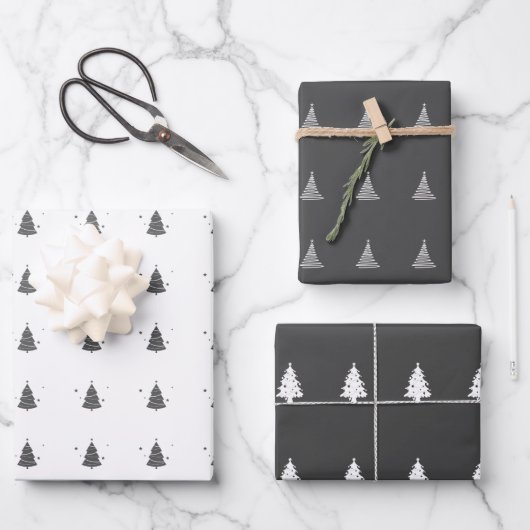 Elegantes Graues Weiß Weihnachtsbaum Muster Gesche Geschenkpapier Set (Vorderseite)