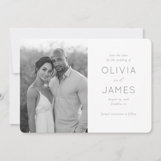 Elegantes Graustufen-Minimalist-Foto Save The Date (Vorderseite)