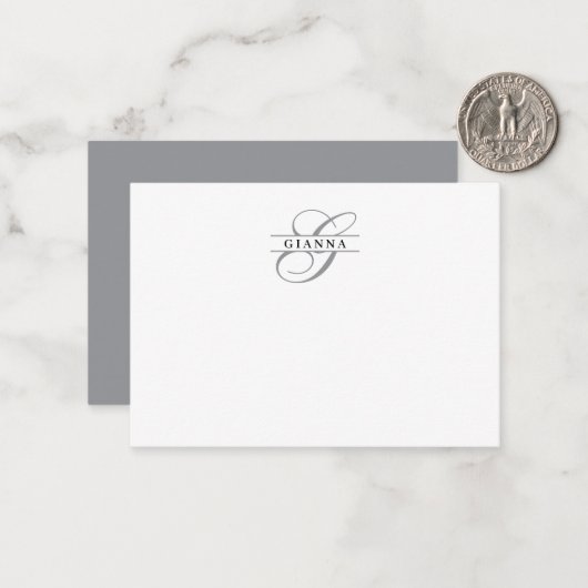 Elegantes Gray Calligraphy Split Monogram Mitteilungskarte (Vorderseite/Rückseite Beispiel)