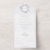 Elegantes Gray Chinoiserie Bird Wappen Wedding All In One Einladung (Innen Boden)