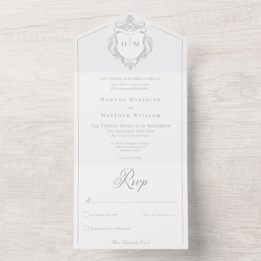 Elegantes Gray Chinoiserie Bird Wappen Wedding All In One Einladung (Innen Boden)