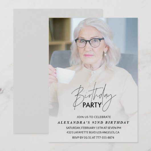 Elegantes Gray Foto 92. Geburtstagsparty Einladung (Vorne/Hinten)