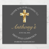 Elegantes Gray Gold Cross 1. Kommunion Schaumweinetikett (Einzelnes Label)