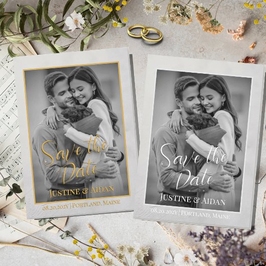 Elegantes Gray & Gold Script mit Foto Wedding Save The Date