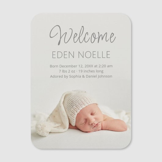 Elegantes Gray Script Baby Announcement Foto Magnet
