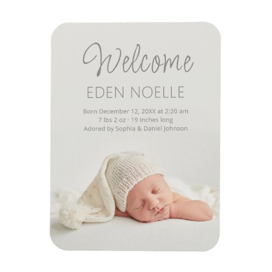 Elegantes Gray Script Baby Announcement Foto Magnet (Vertikal)