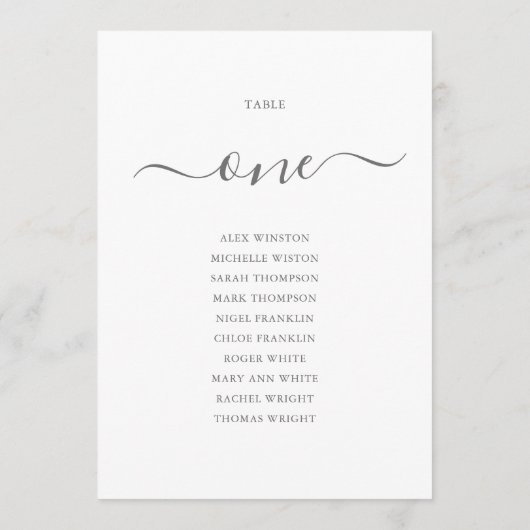 Elegantes Gray Script Tischnummer 1 Seating Chart (Rückseite)