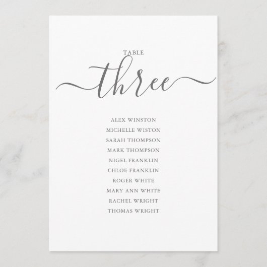 Elegantes Gray Script Tischnummer 3 Seating Chart (Vorderseite)
