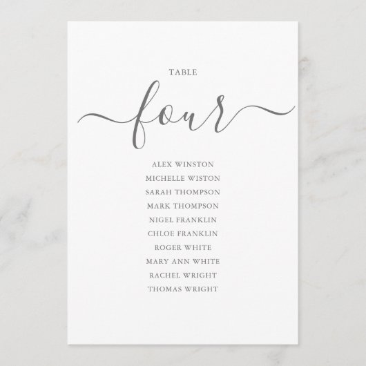 Elegantes Gray Script Tischnummer 4 Seating Chart (Vorderseite)