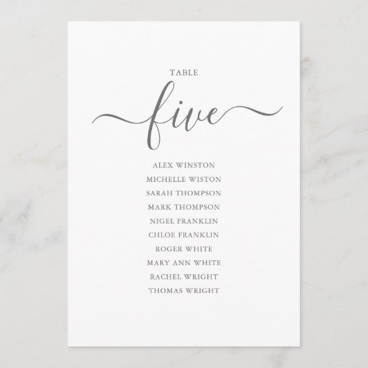 Elegantes Gray Script Tischnummer 5 Seating Chart (Rückseite)