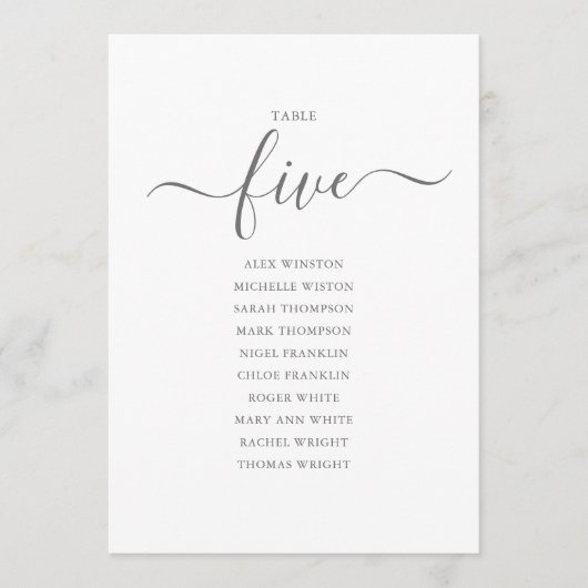 Elegantes Gray Script Tischnummer 5 Seating Chart (Vorderseite)