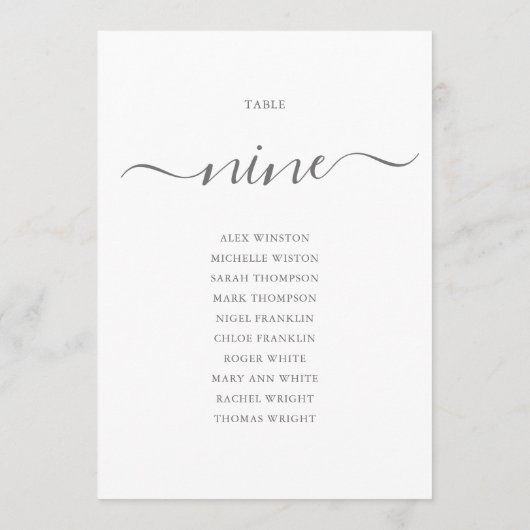 Elegantes Gray Script Tischnummer 9 Sitzungstabell (Rückseite)