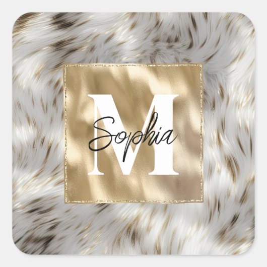 Elegantes Gray White Gold Monogramm Quadratischer Aufkleber (Vorderseite)